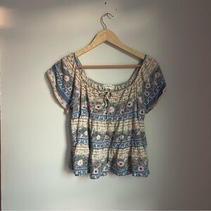 Lucky Brand Bohemian Blue and Tan Floral Tiered Blouse